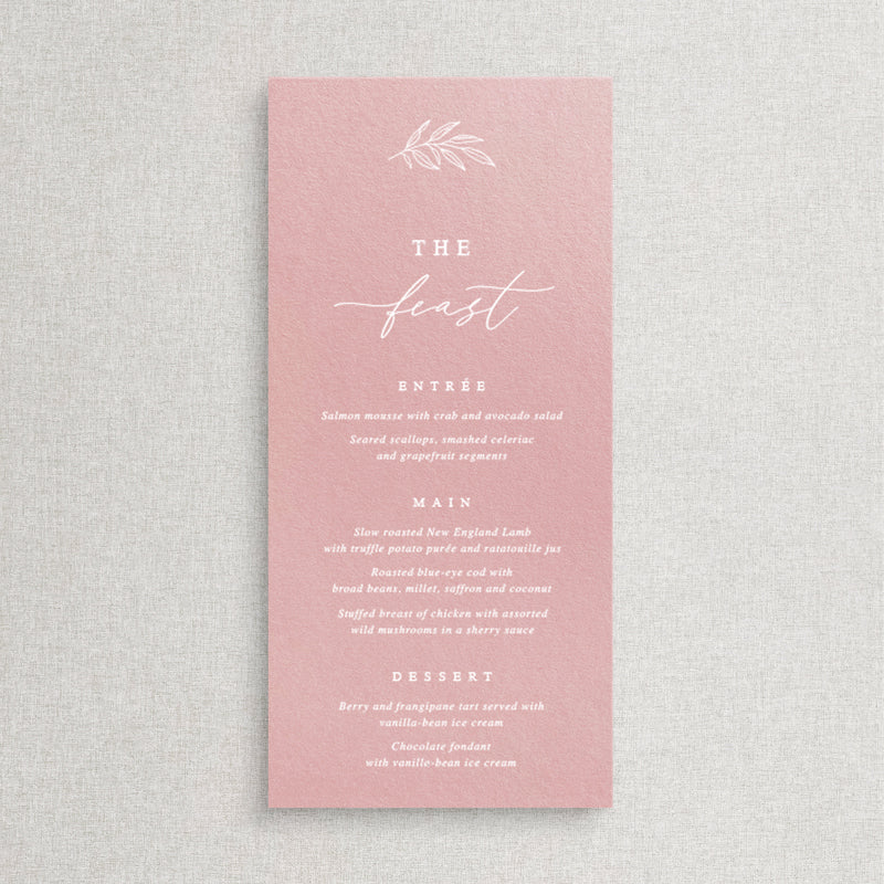 Wedding menu with modern calligraphy font and leaf detail in rose dusty pink neutral colours. Peach Perfect Australia. The feast.