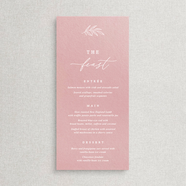 Wedding menu with modern calligraphy font and leaf detail in rose dusty pink neutral colours. Peach Perfect Australia. The feast.