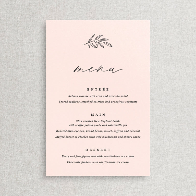 Wedding menu with modern calligraphy font and leaf detail in soft baby pink neutral colours. Peach Perfect Australia.