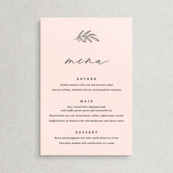 Wedding menu with modern calligraphy font and leaf detail in soft baby pink neutral colours. Peach Perfect Australia.