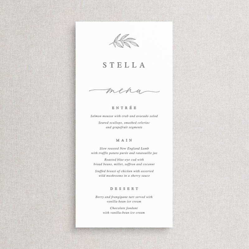 Wedding menu with modern calligraphy and guest names printed in grey and white neutral colours. Hand drawn leaf. Peach Perfect Australia.