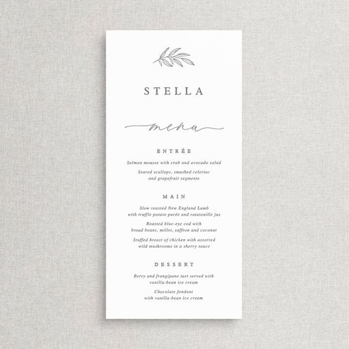 Wedding menu with modern calligraphy and guest names printed in grey and white neutral colours. Hand drawn leaf. Peach Perfect Australia.