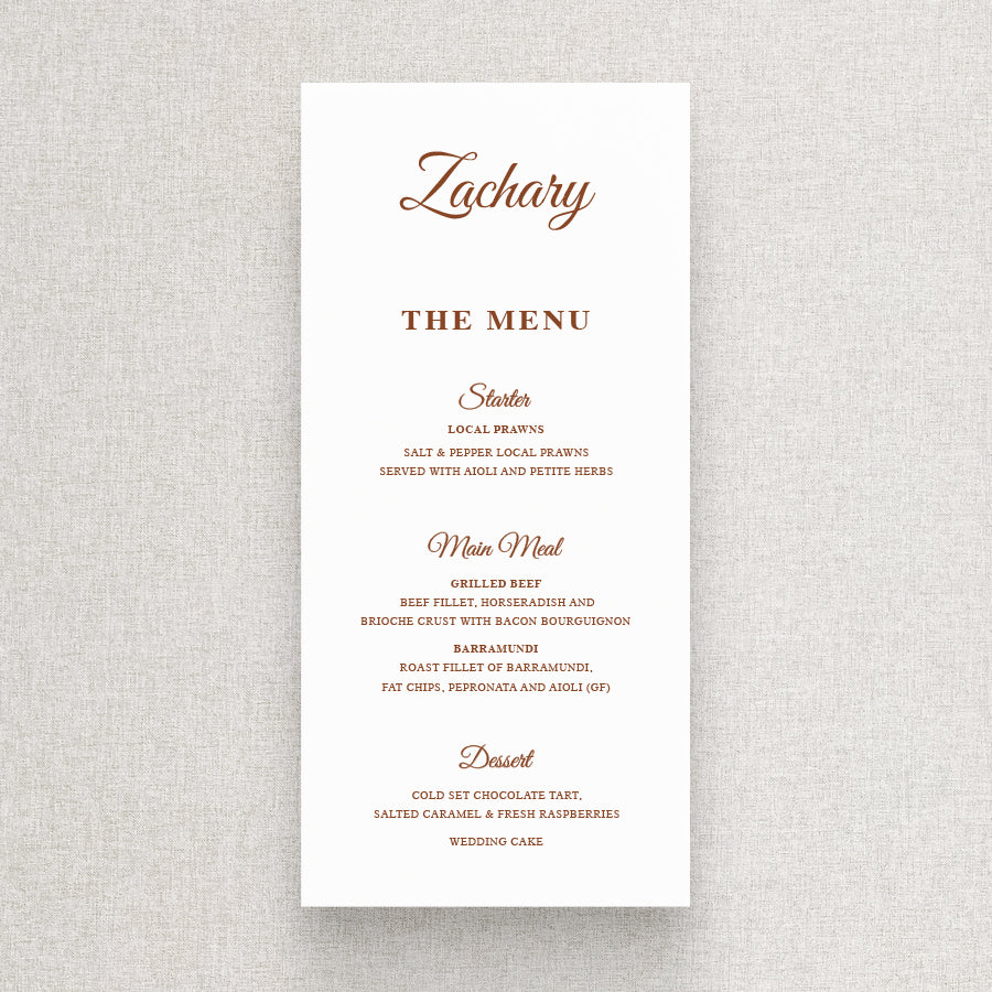 Traditional timeless wedding menu in neutral terracotta  and white with calligraphy font. Printed in Australia by Peach Perfect.
