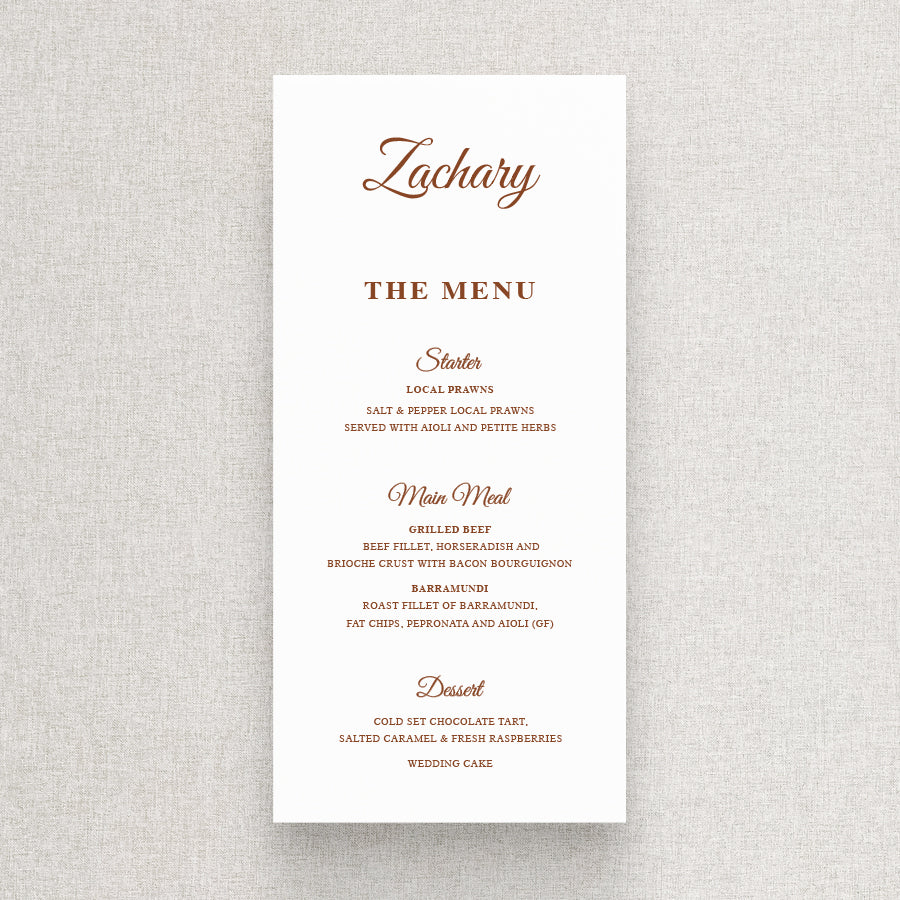 Traditional timeless wedding menu in neutral terracotta  and white with calligraphy font. Printed in Australia by Peach Perfect.