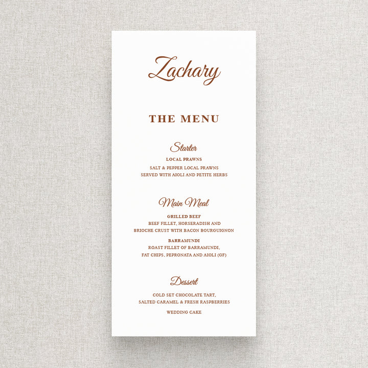 Traditional timeless wedding menu in neutral terracotta  and white with calligraphy font. Printed in Australia by Peach Perfect.