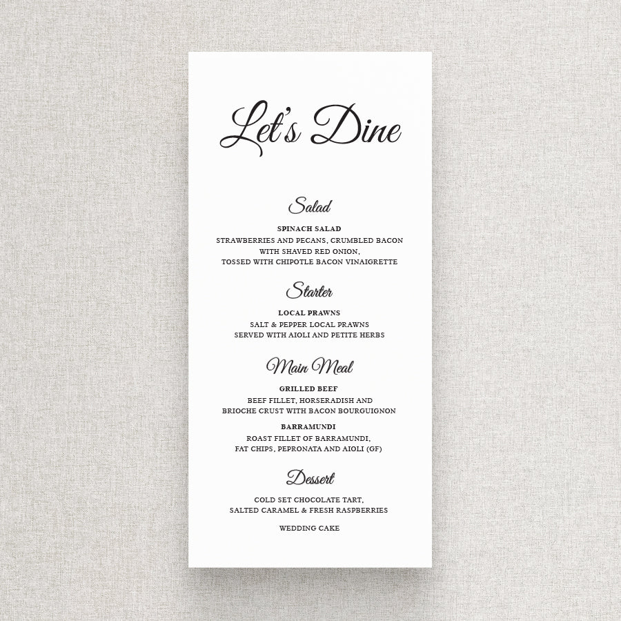 Traditional timeless wedding menu in neutral black and white with calligraphy font. Printed in Australia by Peach Perfect.