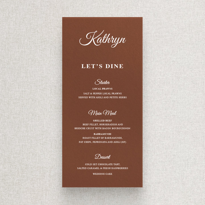 Traditional timeless wedding menu in harvest terracotta and white ink with calligraphy font. Printed in Australia by Peach Perfect.