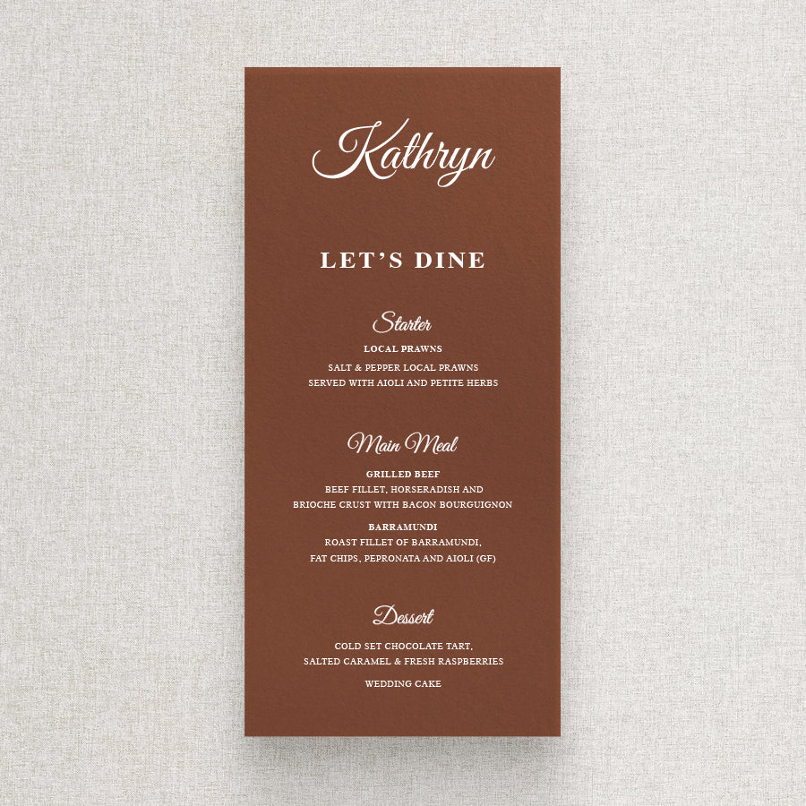 Traditional timeless wedding menu in harvest terracotta and white ink with calligraphy font. Printed in Australia by Peach Perfect.