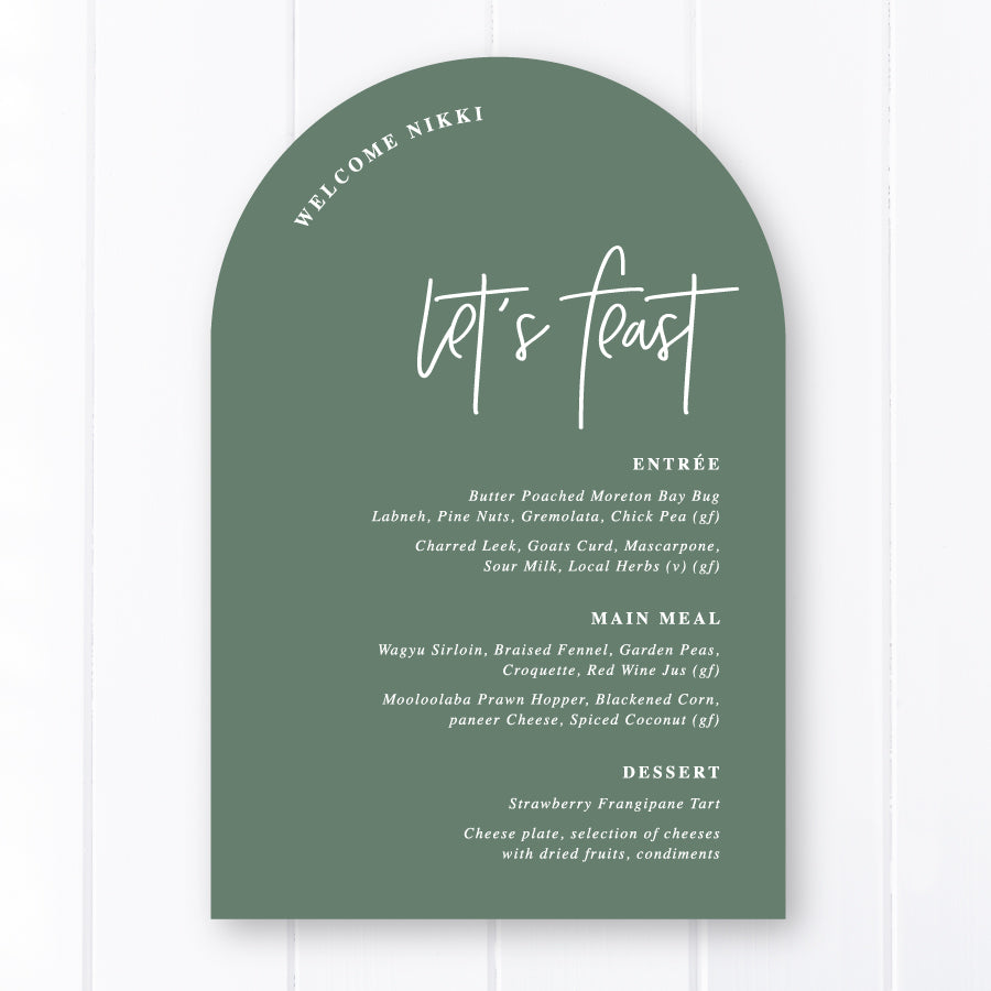 Arch wedding menu, modern font styles with guest name printing on seedling green card. Printed in Australia by Peach Perfect Stationery.