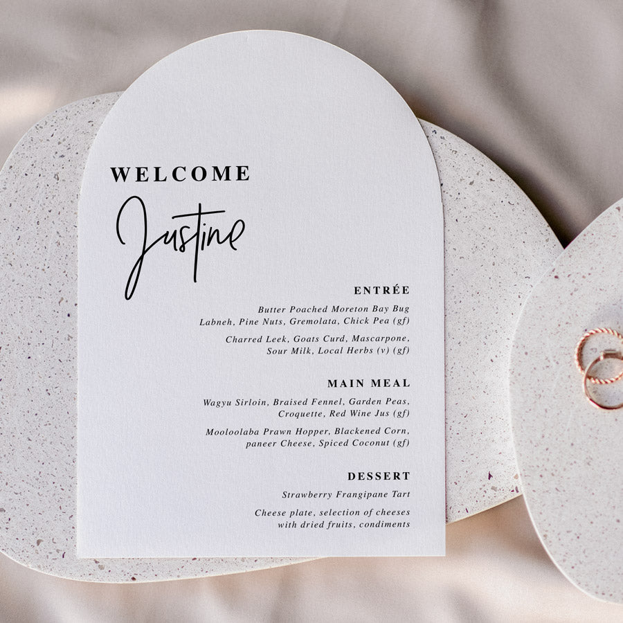 Arch wedding menu, modern font styles with guest name printing black and white. Printed in Australia by Peach Perfect Stationery.
