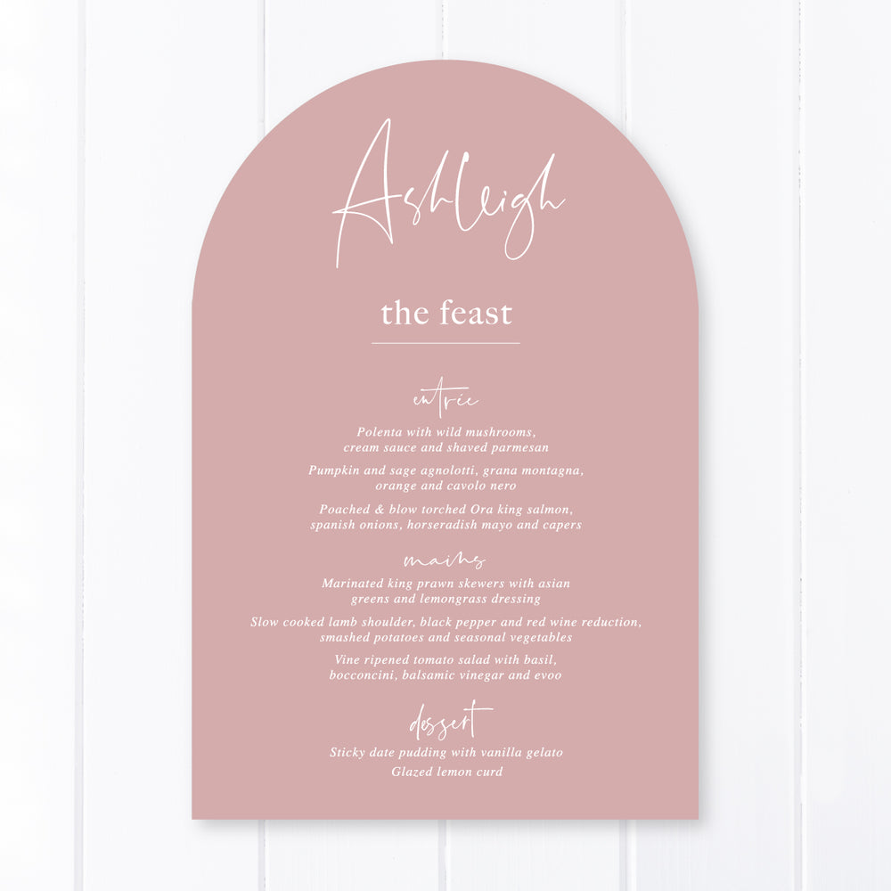 Arch wedding menu, designed and printed in Australia on dusty pink Cardstock white ink by Peach Perfect Stationery
