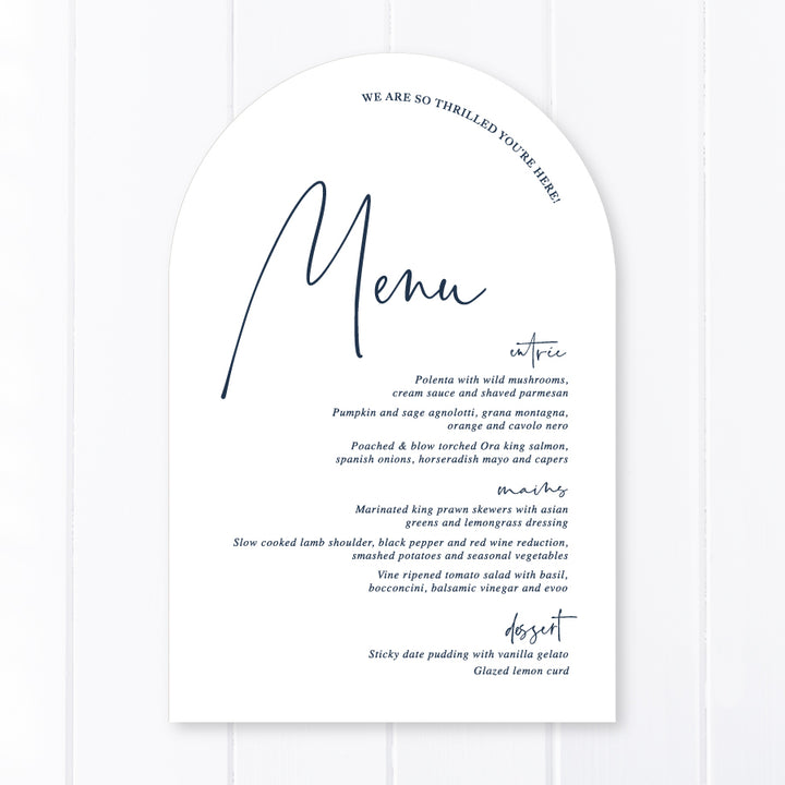 Arch wedding menu, designed and printed in Australia on white Cardstock navy blue ink by Peach Perfect Stationery