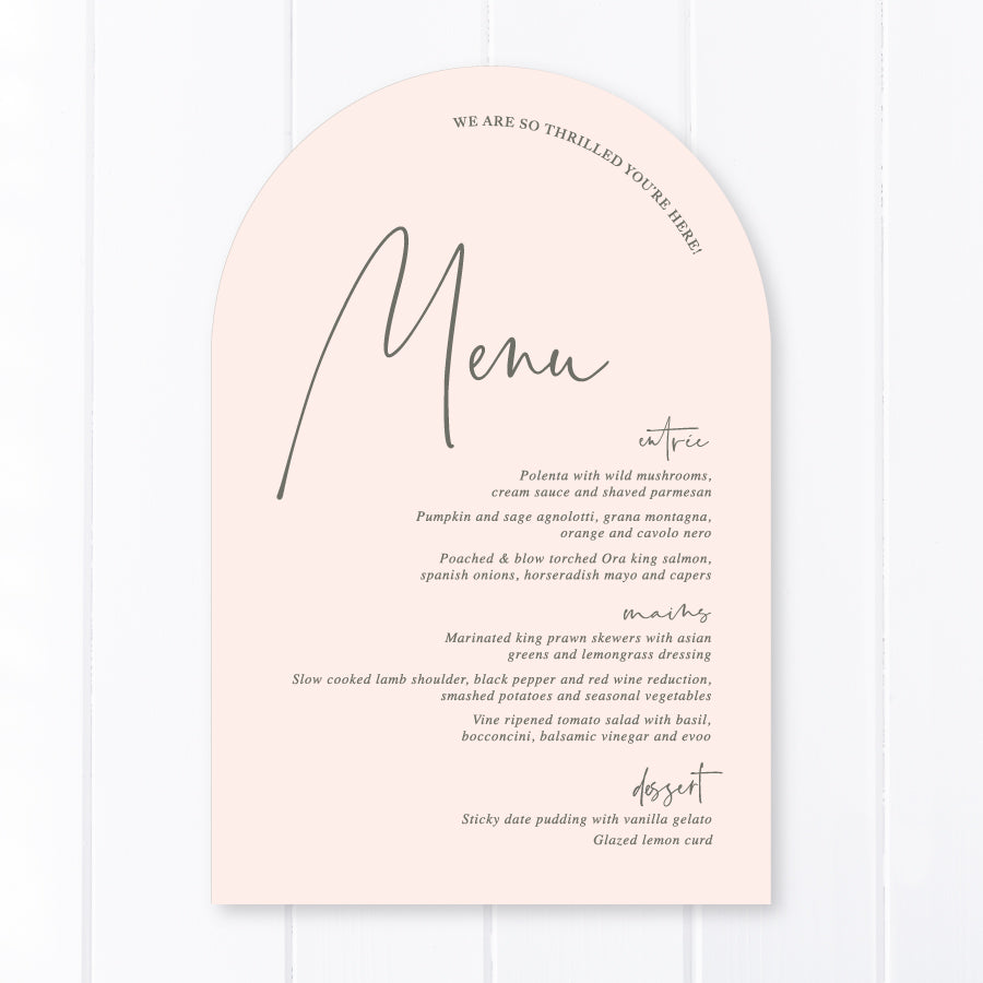 Arch wedding menu, designed and printed in Australia on baby pink or nude Cardstock by Peach Perfect Stationery