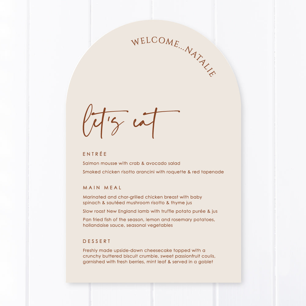 Modern arch wedding menu designed and printed in Australia. Includes guest name printing. Peach Perfect. Almond card with harvest terracotta text.