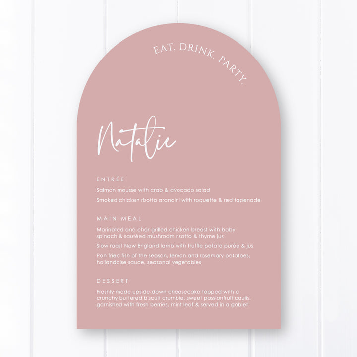 Modern arch wedding menu designed and printed in Australia. Includes guest name printing. Peach Perfect. Dusty pink and white.