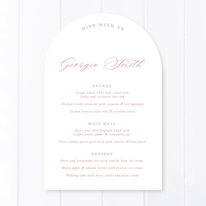 Formal arch wedding menu design with guest names printing in Arch die cut shape. Soft pink colours and traditional calligraphy. Peach Perfect Stationery Australia.