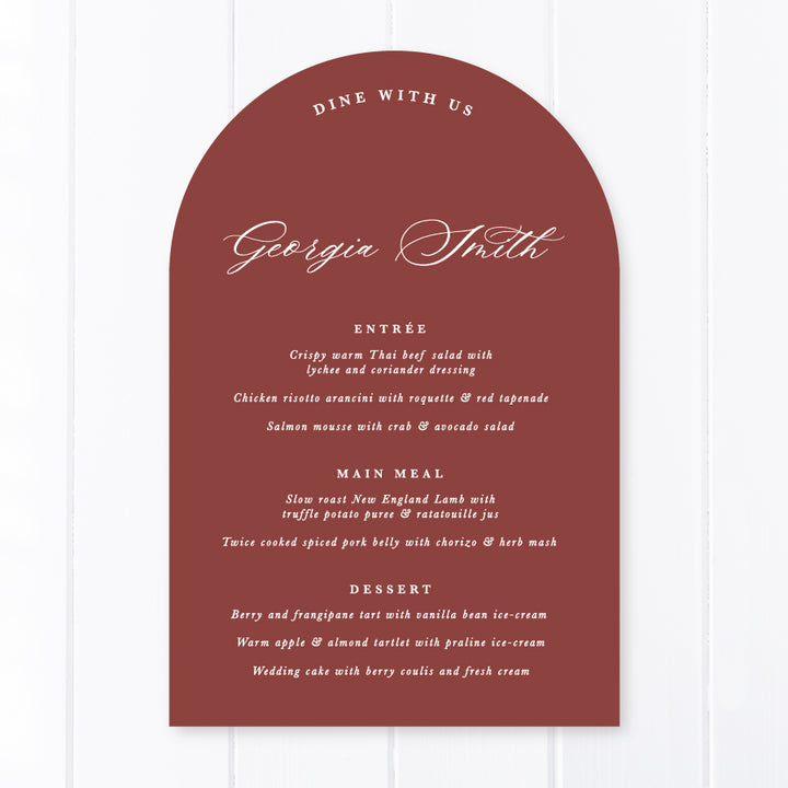Formal arch wedding menu design with guest names printing in Arch die cut shape. Plum and white colours and traditional calligraphy. Peach Perfect Stationery Australia.