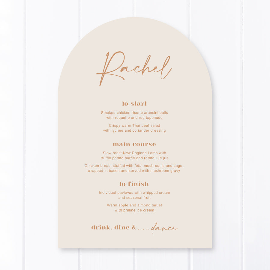 Modern arch shaped wedding menus printed in Australia, cinnamon printing on almond colour card with guest names on each menu.