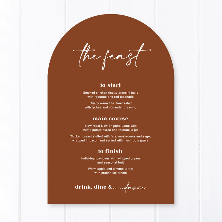 Modern arch wedding menu printed in Australia on Harvest cardstock white ink, the feast heading Peach Perfect Stationery.