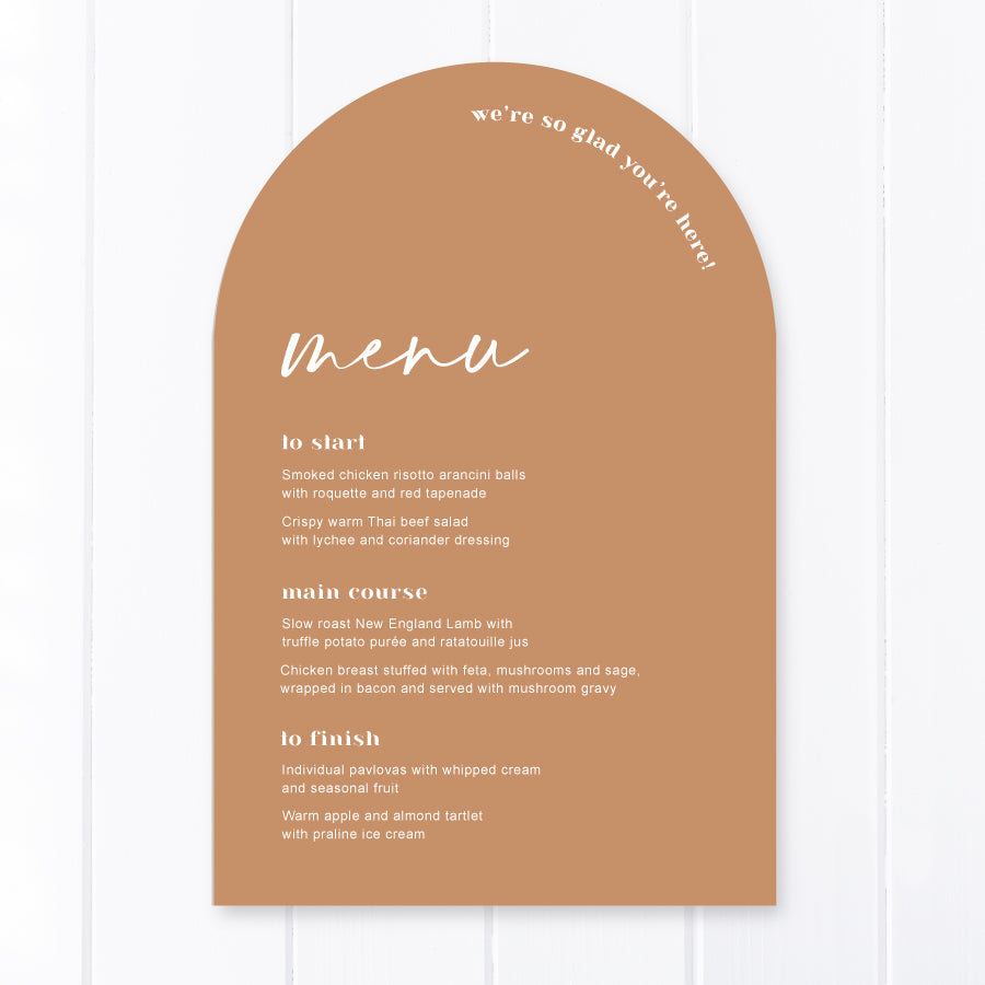Modern arch wedding menu printed in Australia on Cinnamon cardstock white ink, Peach Perfect Stationery.