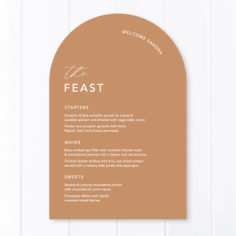 Arch wedding menu in cinnamon and white with guest name printing. Minimal wedding menu design. Peach Perfect Australia.