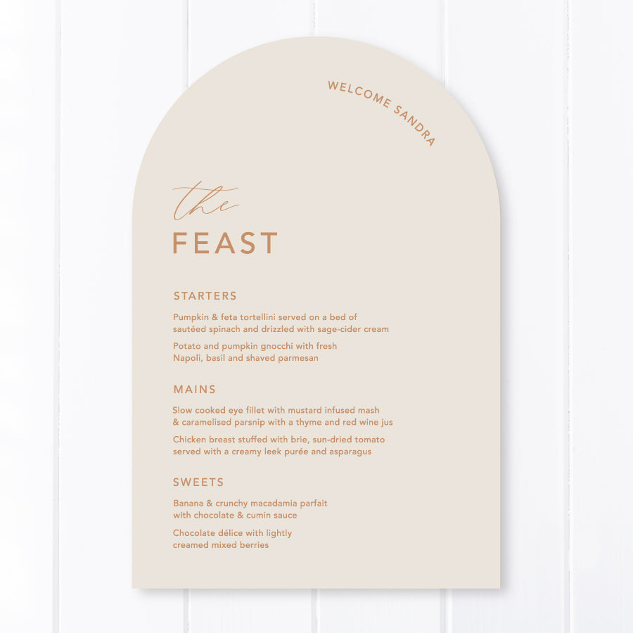 Arch wedding menu with guest name printing in almond and cinnamon colours. Boho inspired wedding. Peach Perfect Australia.