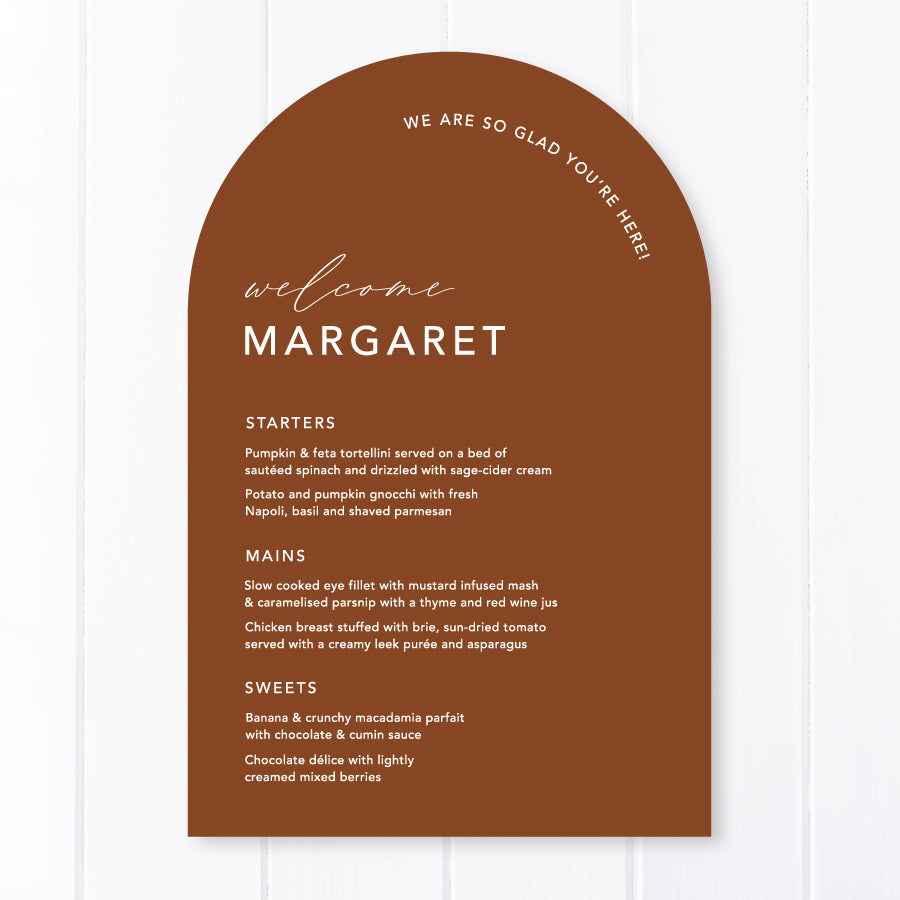 Arch wedding menu in harvest and white with guest name printing. Minimal wedding menu design. Peach Perfect Australia.