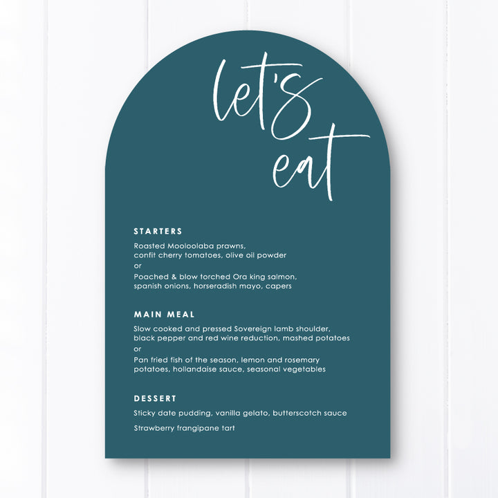 Modern bold sea green arch shape wedding menu or baptism menu. Printed in Australia with guest name printing. Peach Perfect.