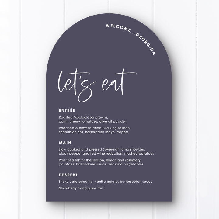 Modern bold purple arch shape wedding menu or baptism menu. Printed in Australia with guest name printing. Peach Perfect.