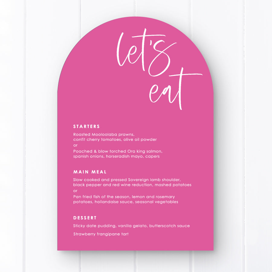 Hot pink and white arch shape wedding menu or baptism menu. Printed in Australia with guest name printing. Peach Perfect.