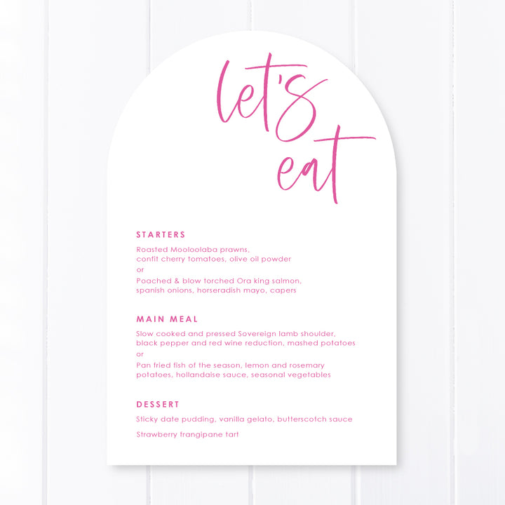 Hot pink and white arch shape wedding menu or baptism menu. Printed in Australia with guest name printing. Peach Perfect.