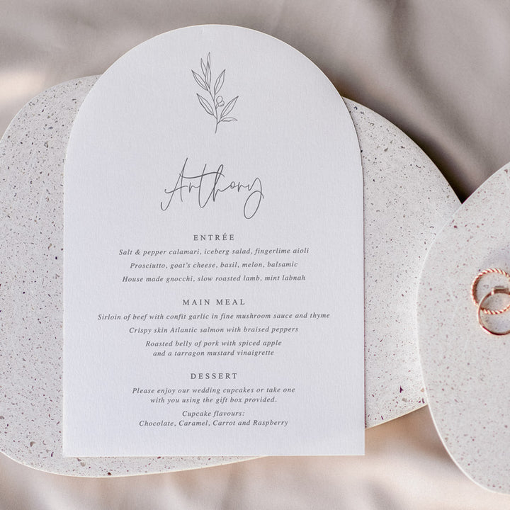 Minimal wedding arch menu with guest name printing in grey and white neutral colours. Peach Perfect Australia.