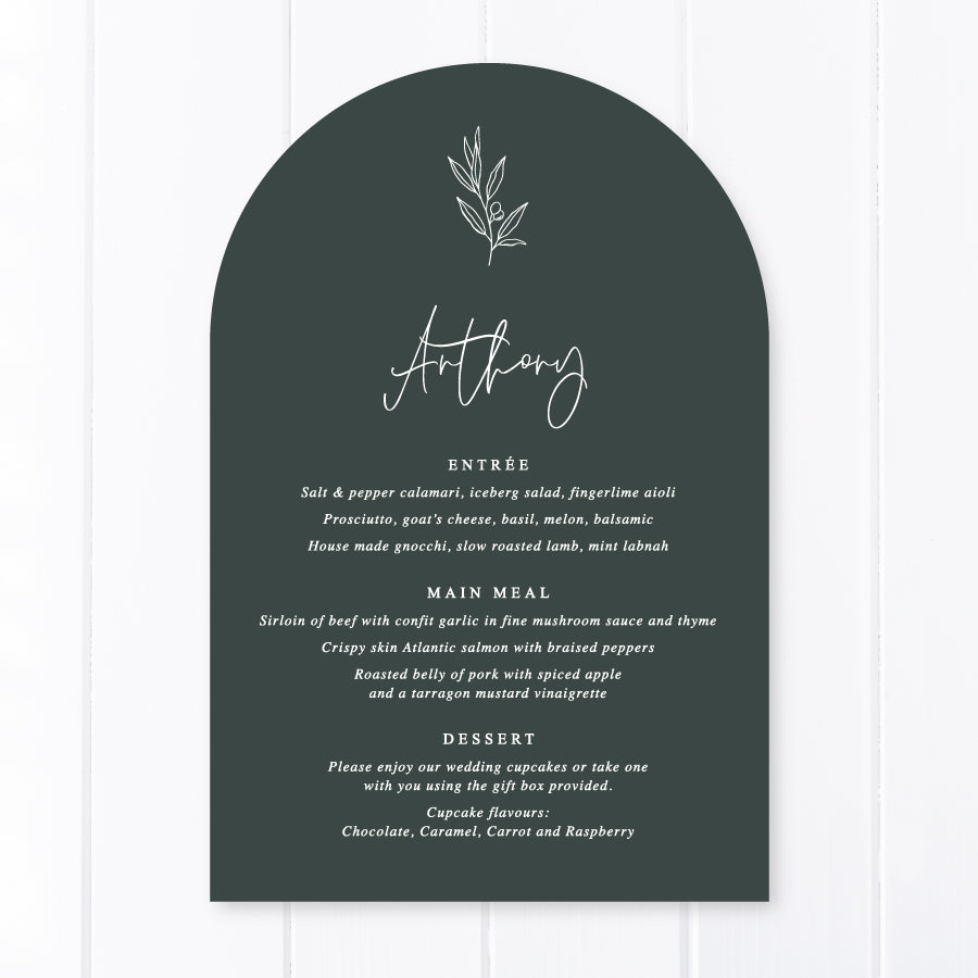 Minimal wedding arch menu with guest name printing printed on deep green cardstock with hand drawn leaf design. Peach Perfect Australia.