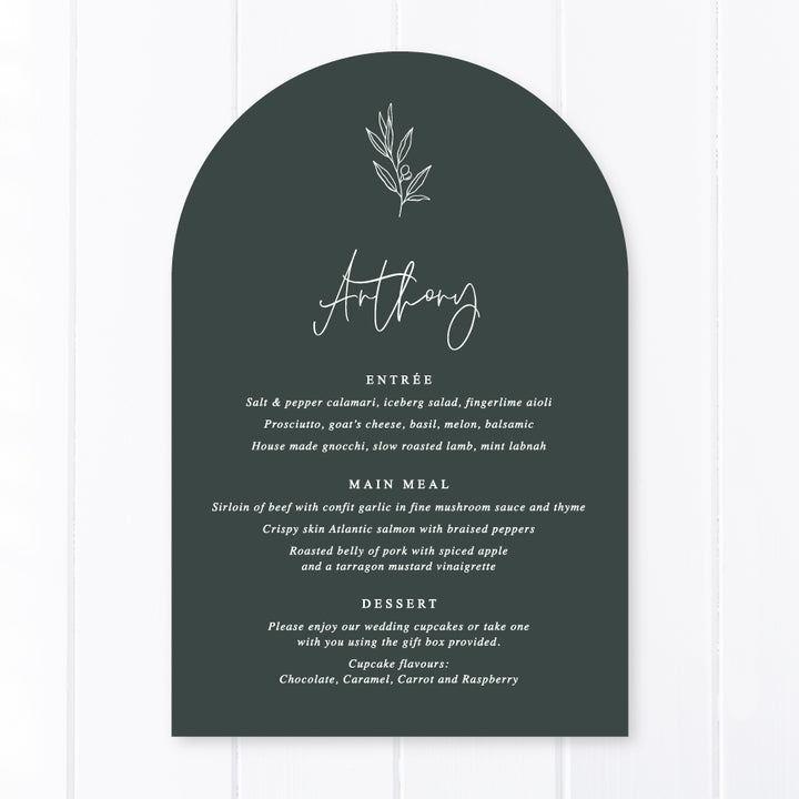 Minimal wedding arch menu with guest name printing printed on deep green cardstock with hand drawn leaf design. Peach Perfect Australia.