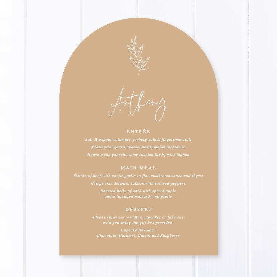 Minimal wedding arch menu with guest name printing printed on neutral cinnamon cardstock with hand drawn leaf design. Peach Perfect Australia.