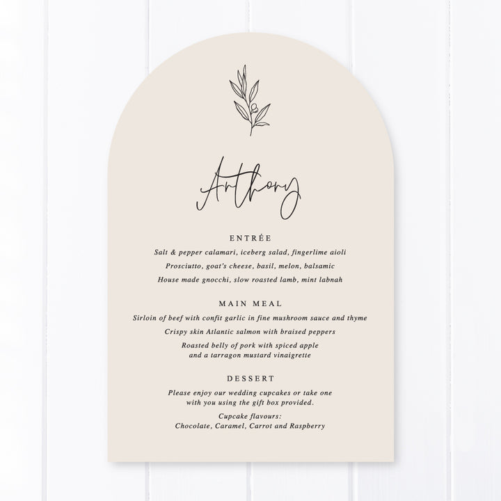 Minimal wedding arch menu with guest name printing printed on almond cardstock with hand drawn leaf design. Peach Perfect Australia.
