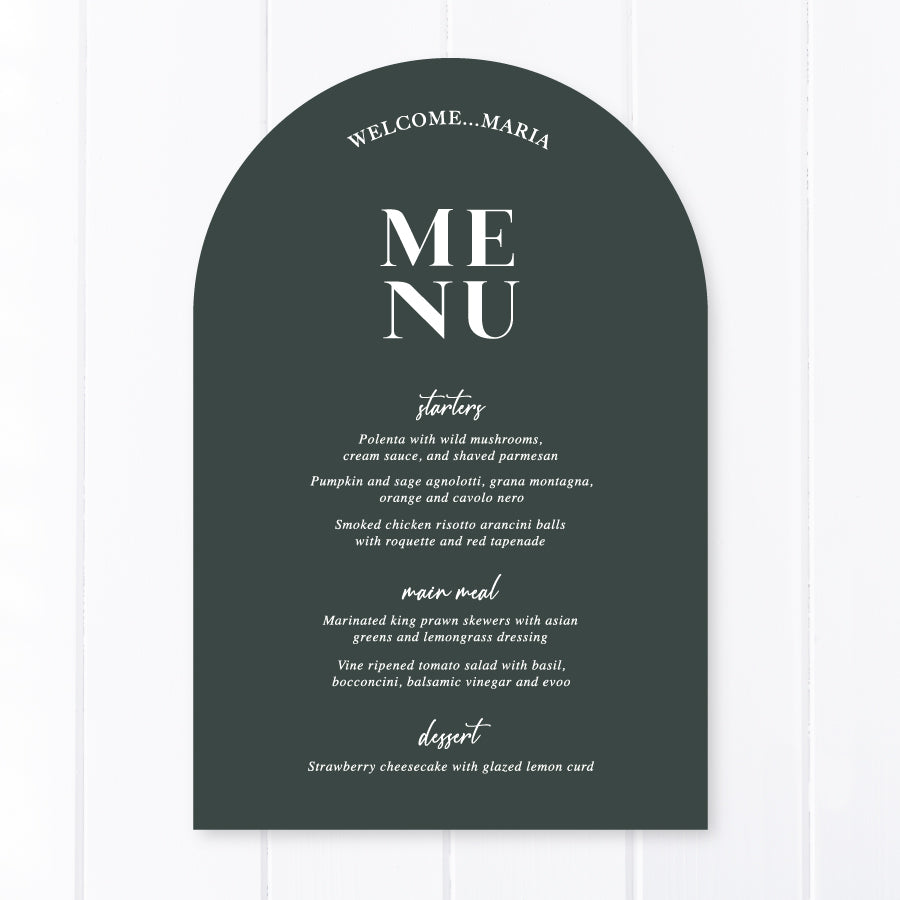 Modern arch wedding menu designed and printed in Australia with calligraphy font. Dark green cardstock with Lets Feast for heading.