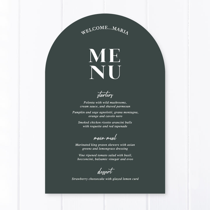 Modern arch wedding menu designed and printed in Australia with calligraphy font. Dark green cardstock with Lets Feast for heading.