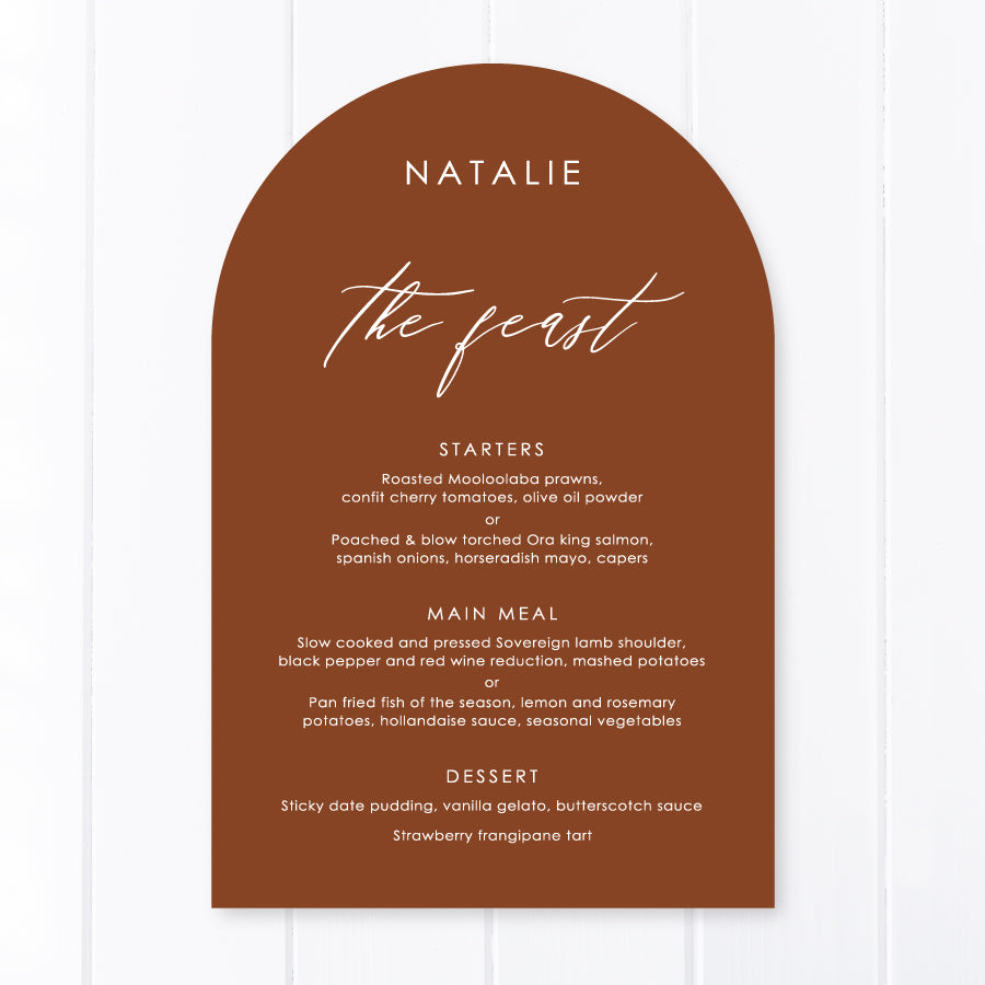 Modern arch wedding menu, white ink on harvest, single or double sided print with guest names included.