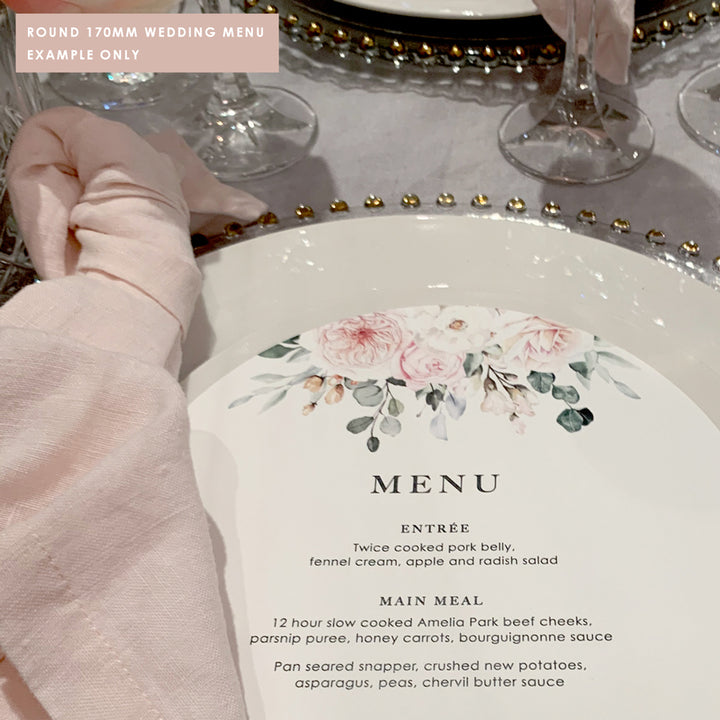 Beautiful round floral wedding or christening event menu on charger plate. Designed and printed in Australia.