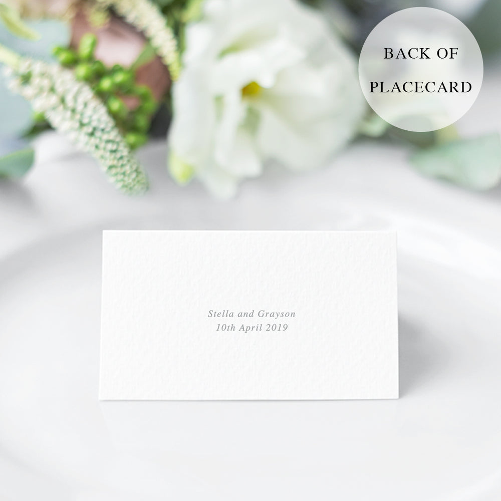 Wedding Place Card in light grey and white with minimal font style and hand drawn leaf element