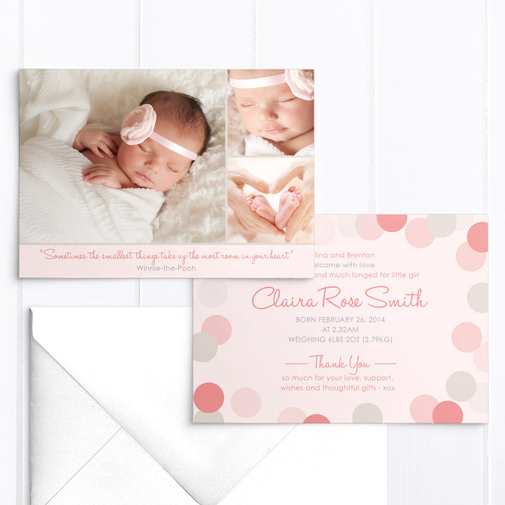 Baby girl birth announcement card, 3 photos in soft pinks and grey