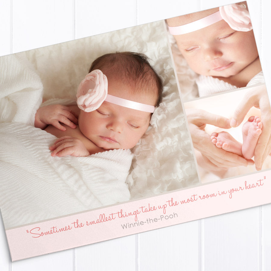 Baby girl birth announcement card with 3 photos. Soft pinks and grey