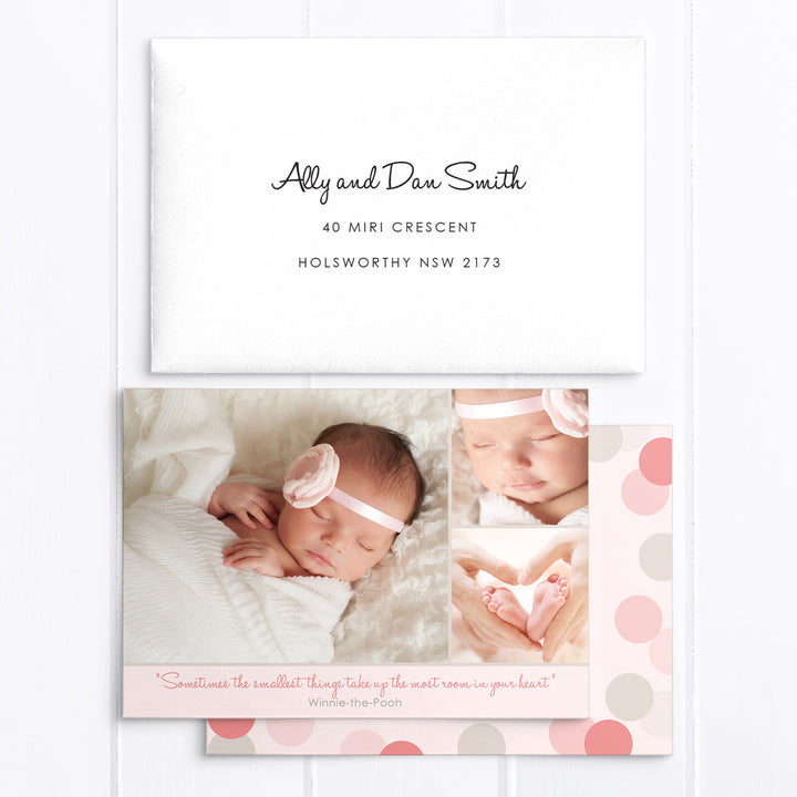 Baby girl birth announcement card with 3 photos. Soft pinks and grey