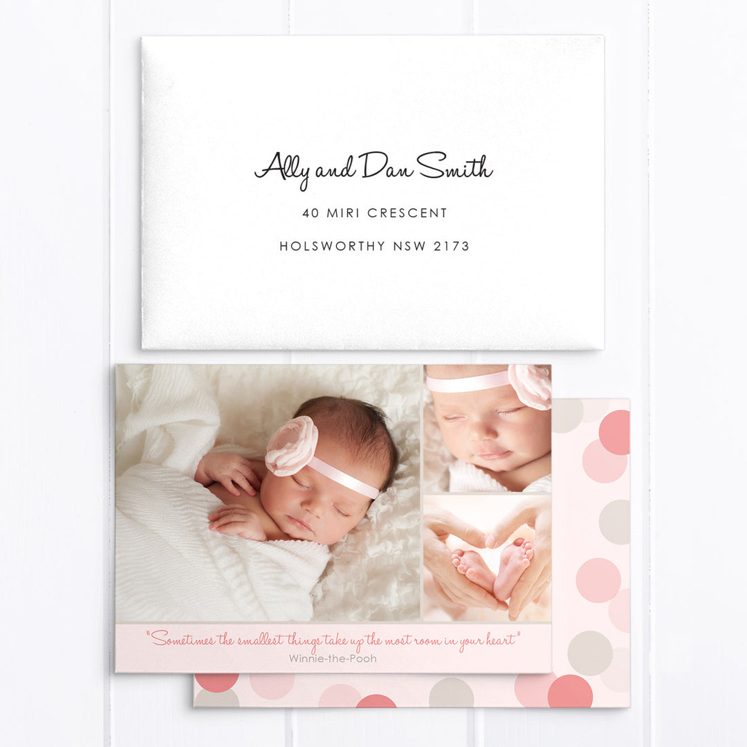 Baby girl birth announcement card with 3 photos. Soft pinks and grey