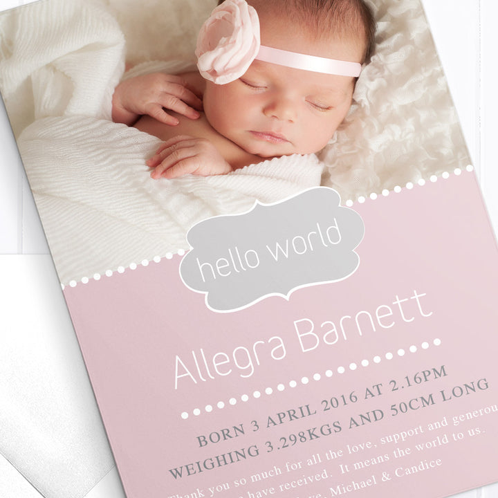 Baby girl photo birth announcement card, double sided, pink and grey