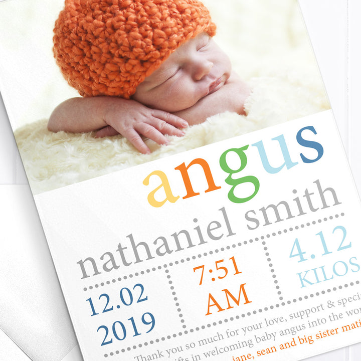 Baby boy birth announcement card with photo in bright bold colours, printed in Australia or printable digital file.