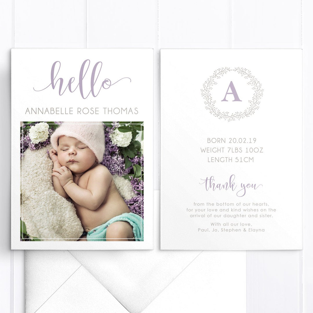 Monogram baby girl photo birth announcement card with large hello world