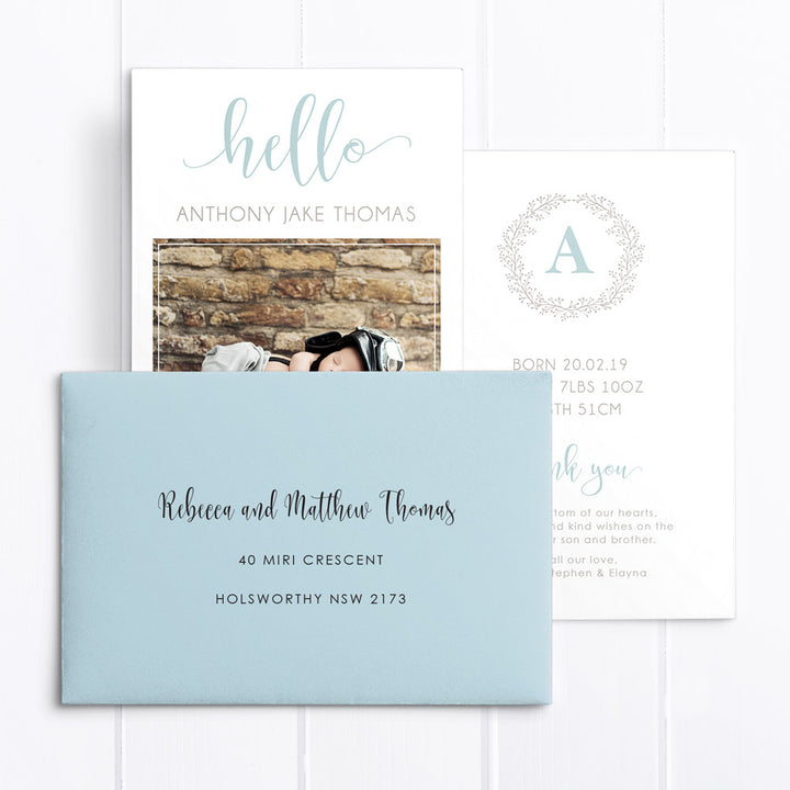 Monogram Photo Birth Announcement Card with large Hello