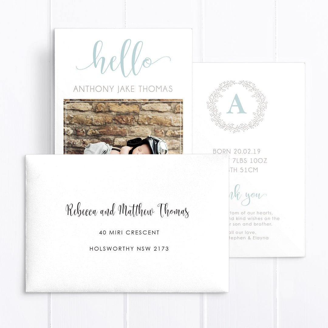 Monogram Photo Birth Announcement Card with large Hello
